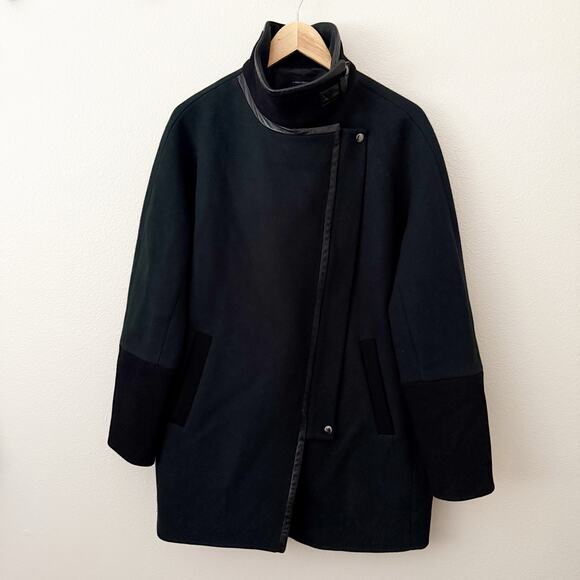MADEWELL | Green Black City Grid Cocoon Coat Faux Leather Trim Wool Zip | 12 - Picture 2 of 9